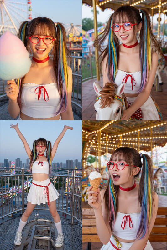 Z-Image-Base/Pro版。“アイドルが遊園地で遊んでいるのを4つのシーンに分けて、それを1つの画像へ。髪型、衣装、眼鏡はオリジナルのまま変更しない”