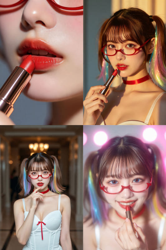Grok Imagine/Pro版。“口紅のCM撮影を4つのシーンに分けて、それを1つの画像へ。髪型、衣装、眼鏡はオリジナルのまま変更しない”