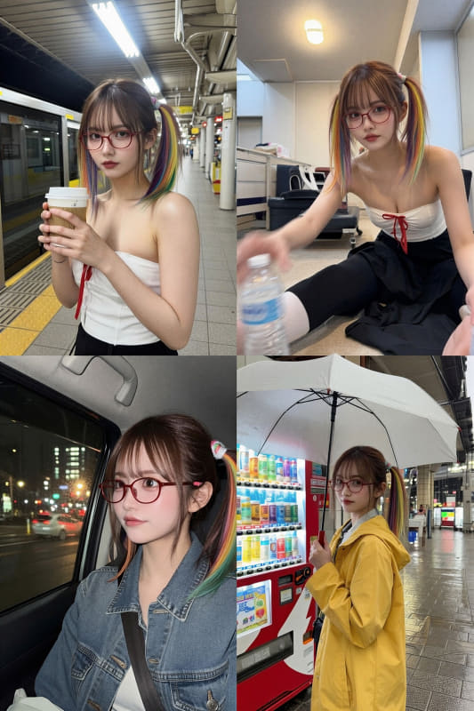 Grok Imagine(編集)/Snap版。“アイドルの1日を4つのシーンに分けて、それを1つの画像へ”