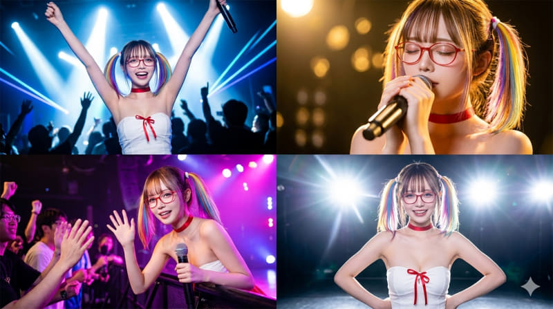 Gemini(Nano Banana 2)で編集。Pro版で“アイドルのライブステージを4つのシーンに分けて、それを1つの画像へ。髪型、衣装、眼鏡はオリジナルのまま変更しない”