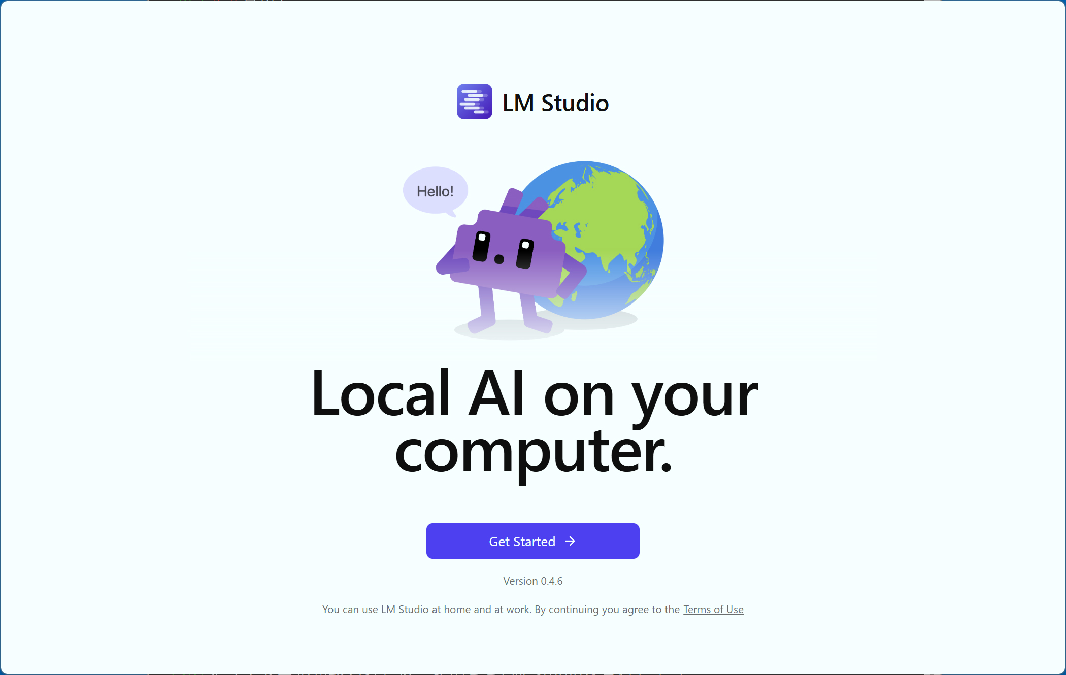 LM Studioの起動画面。中央やや下の[Get started]ボタンをクリックする
