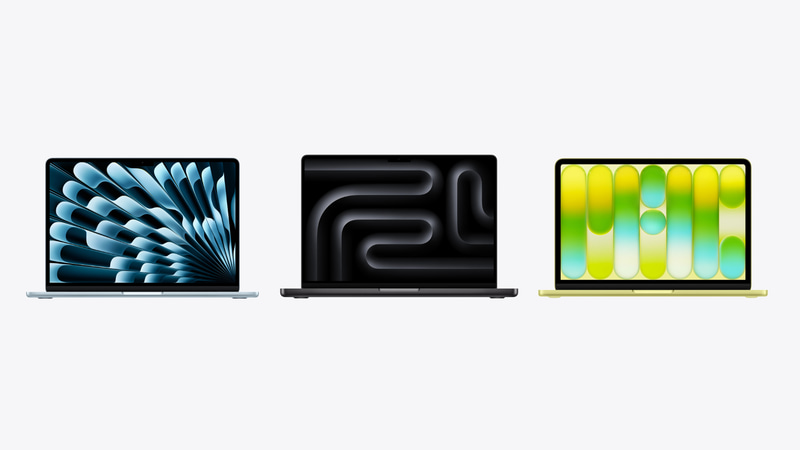 左から、MacBook Air、MacBook Pro、MacBook Neo