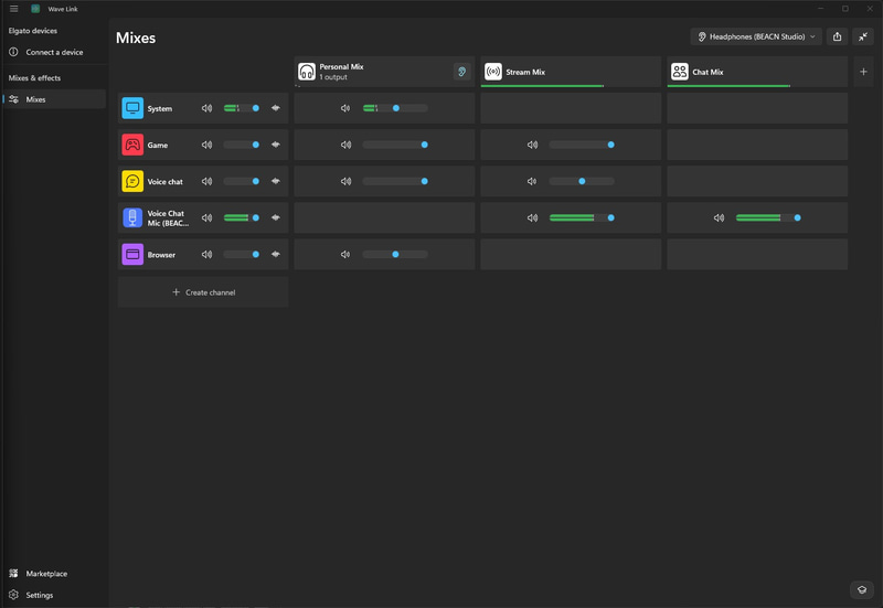 Wave Link 3.0に、チャンネルとしてSystem、Game、Voice Chat、マイク(下から2番目)、Browserを、ルーティング先としてPersonal Mix、Stream Mix、Chat Mixを登録してある状態