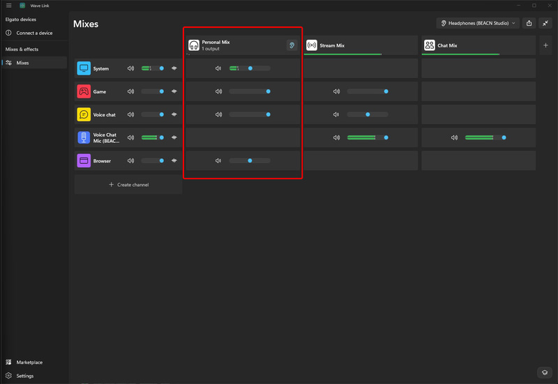 ここではPersonal Mixに、System以外にGame、Voice Chat、BrowserをPersonal Mixへとルーティング(出力)している。マイク音声は遅延するためモニタリングしない