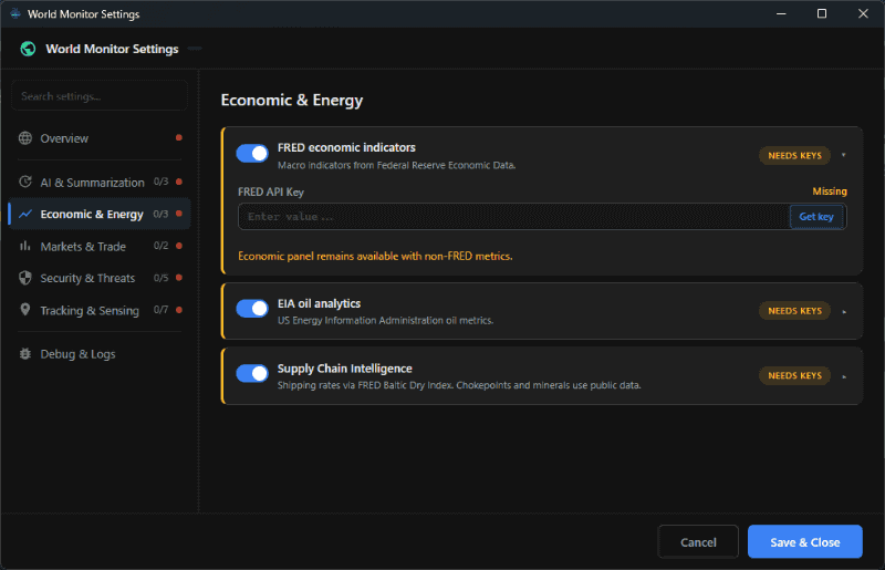 メニューから「Setting」で設定画面を開き、情報ウィンドウのソース設定が行なえる。設定画面で「NEED KEYS」となっている項目については、APIキー設定が必要だ。キーの取得は画面上の「Get Key」ボタンをクリックすることで、各情報ソースのAPIキーリクエスト画面にジャンプしてくれる