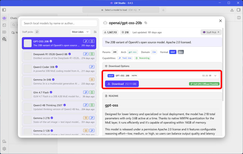 12.11GBと巨大なGPT-OSS 20Bも、AORUS PRIME 3ならすべてVRAMにロードできる
