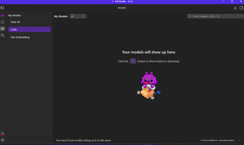 モデル一覧には何もなく、左下にLM StudioのLM Linkアイコン