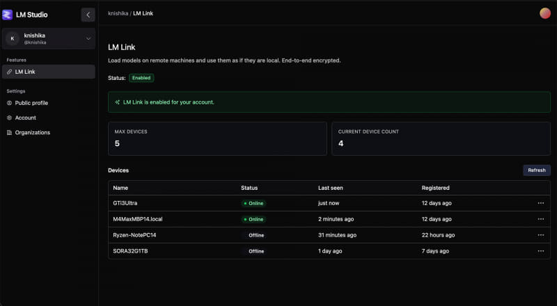 lmstudio.aiのLM Link管理ページ