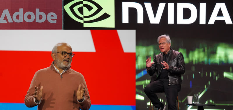 Adobe CEO シャンタヌ・ナラヤン氏(左)とNVIDIA CEO ジェンスン・フアン氏(右)