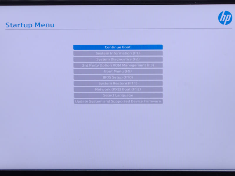 BIOS / Startup Menu。起動時[ESC]キーで表示
