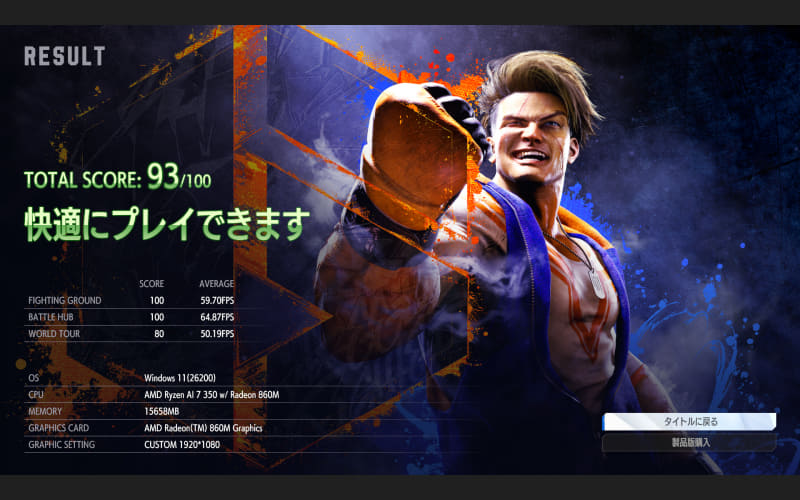 ストリートファイター6 ベンチマーク。フルHD解像度、画質設定はLOWで最大フレームレートを120fpsに変更して実行した結果