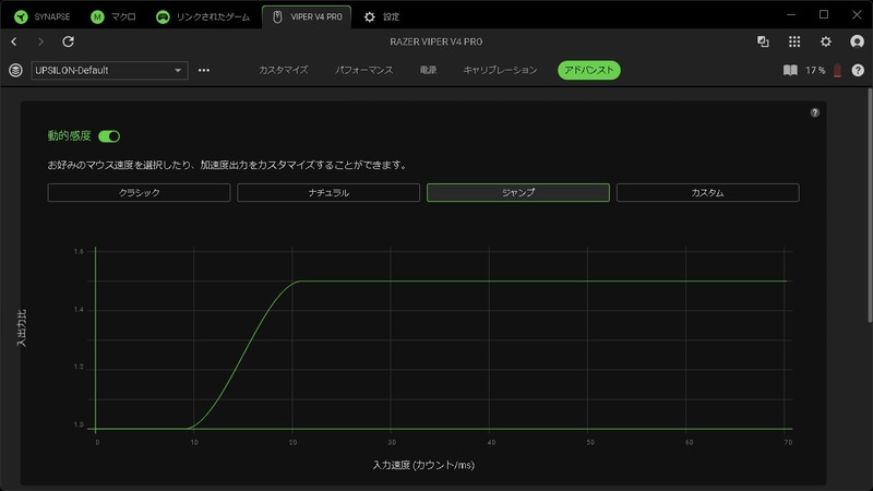 マウスの加速設定を段階的に変えられる「動的感度」