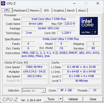 Core Ultra 7 270K PlusのCPU-Z実行画面