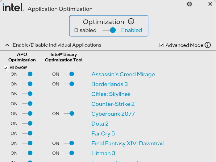 Core Ultra 7 270K Plusで起動したAPOツール。Advanced Modeにチェックを入れることで、Binary Optimization Toolの設定が可能になる