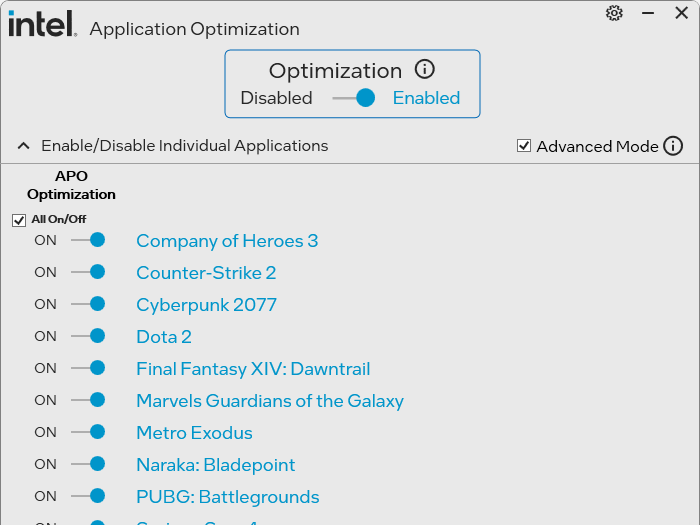 Core Ultra 7 265Kで起動したAPOツール。Advanced Modeにチェックを入れてもBinary Optimization Toolは表示されない