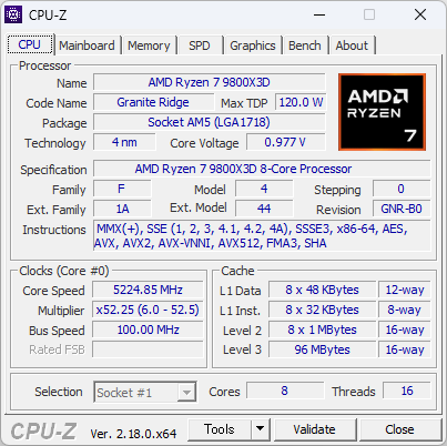 Ryzen 7 9800X3DのCPU-Z実行画面