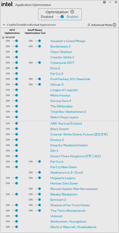 Core Ultra 7 270K PlusのAPO/Binary Optimization Tool設定