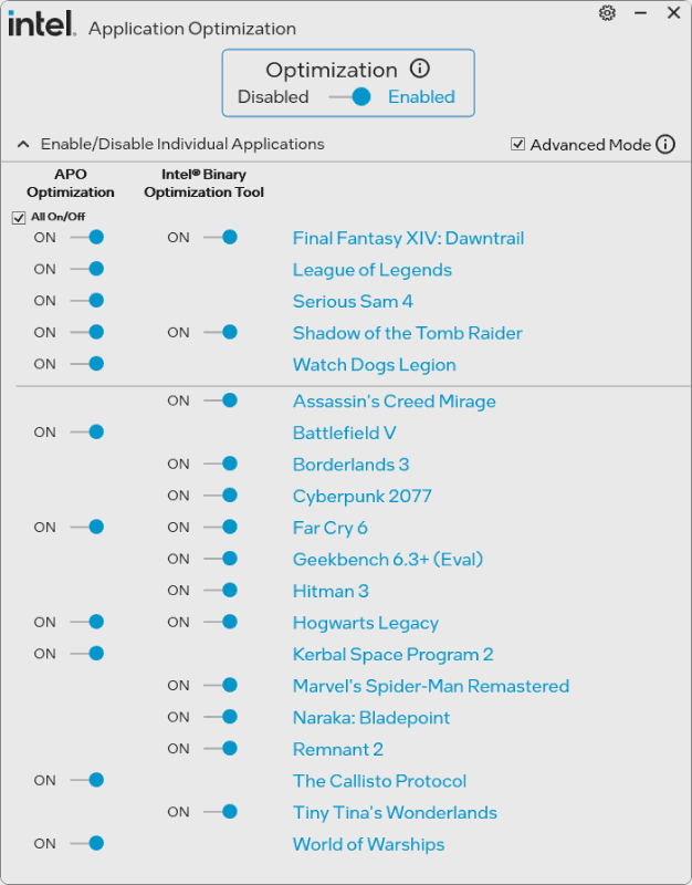 Core Ultra 5 250K PlusのAPO/Binary Optimization Tool設定