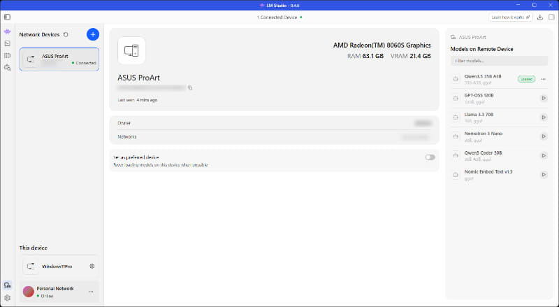 LAN内にある別のPCからProArt PX13 HN7306EAの状況を確認。ロード済みのAIモデルを使えば、別PCのAI処理を肩代わりさせられる