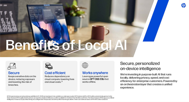 ローカルのプロセッサで実行されることで、追加コストやデータ漏洩のリスクなくAIが活用できる(出典: HP Imagine 2026、HP)