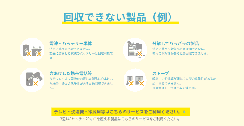 回収できない製品の例。バッテリ単体は回収不可とされている。回収可能なのは「製品に装着した状態のバッテリ」のみ