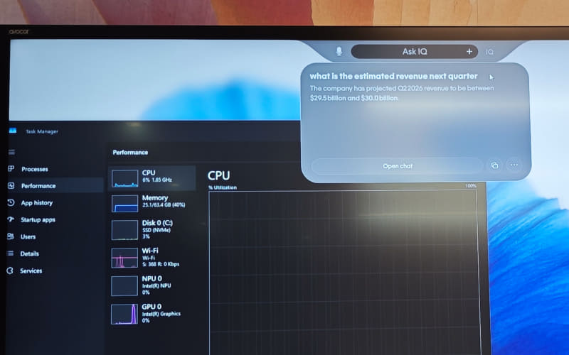 タスクマネージャーを見ると、CPUとGPUだけが動いていることが分かる。このシーンはHP IQのLLMが動いた後のシーンで、GPUに負荷がかかっていることでGPUで処理されている
