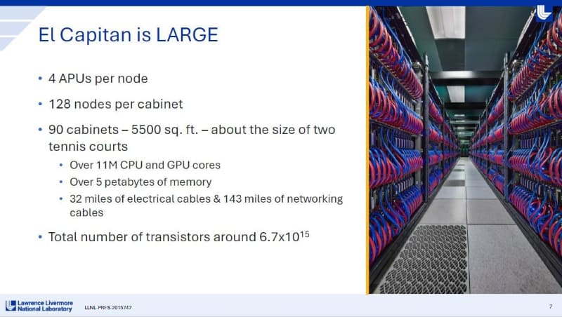 スーパーコンピュータ「El Capitan」の巨大さを象徴する主要な数値。Bruce Hendrickson氏によるIRPS基調講演のスライドから(講演番号KN1)