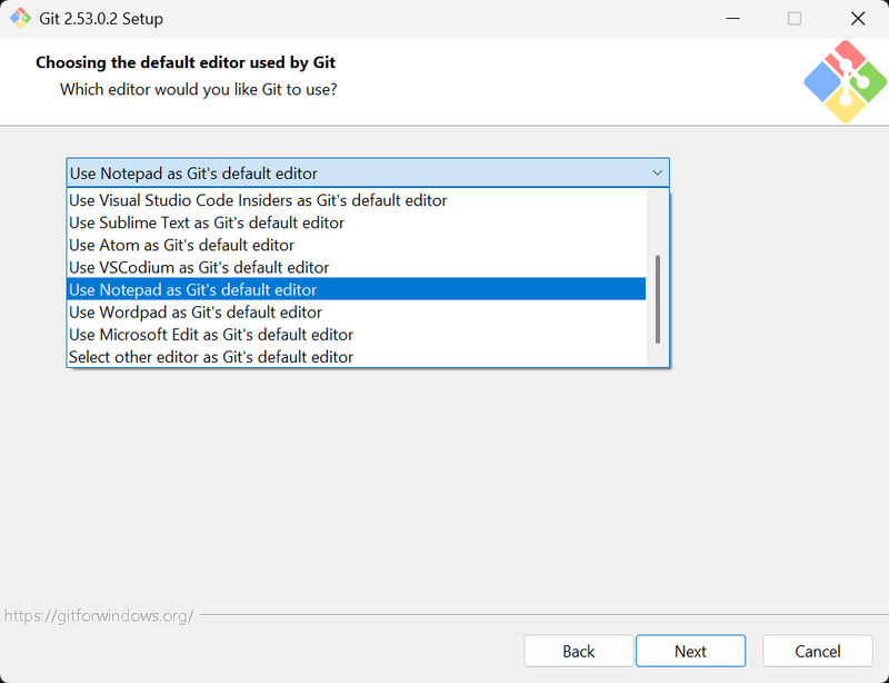 この画面ではGitの設定を書き換えるエディタを指定するもの。プルダウンメニューを開いて自分が使っているものに変更する。メモ帳なら「Use Notepad as Git's default editor」だ。選択したら「Next」をクリック