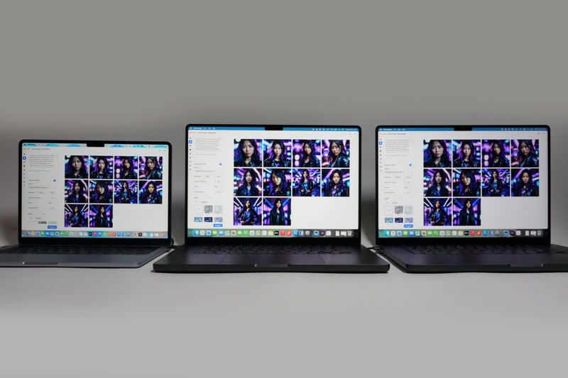 左からM5搭載MacBook Air、M5 Pro搭載MacBook Pro(16インチ)、M5 Max搭載MacBook Pro(同)