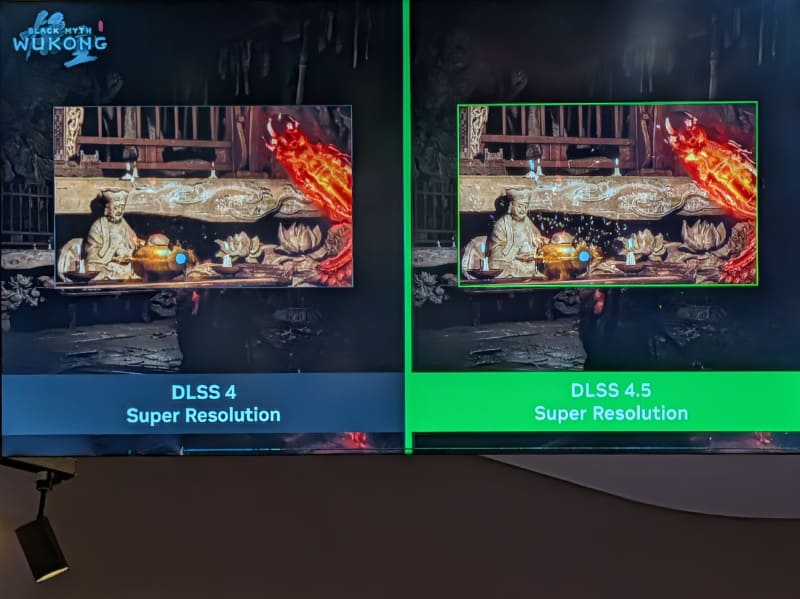 最新ソフトウェア技術となる「DLSS 4.5」について紹介。DLSS 4との比較画像で、第2世代Transformerモデルによる超解像度技術により、映像のディティールがさらに細かくなった点をアピール