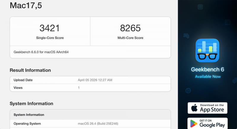 Geekbench 6 (Single Core / Multi Core)。3,412 / 8,265