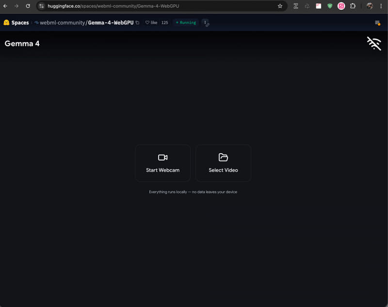 WebGPU Gemma-4 E2B。カメラか動画ファイルの選択