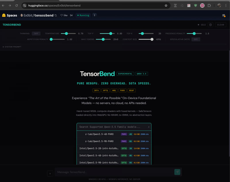 WebGPU Qwen 3.5 Ex0bit/tensorbend。初期画面