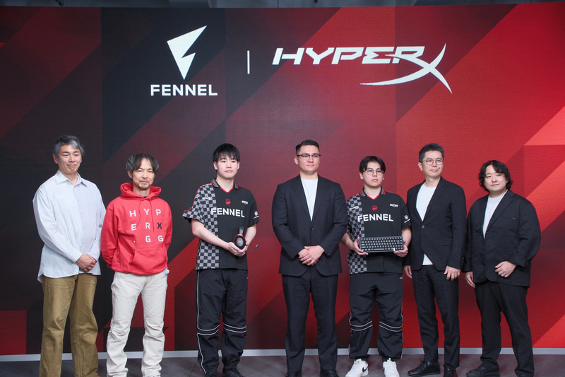 左から柳澤真吾氏、森谷智行氏、raki選手(FENNEL)、堀田マキシム氏(FENNEL)、Bruce選手(FENNEL)、松浦徹氏、宇野洋平氏