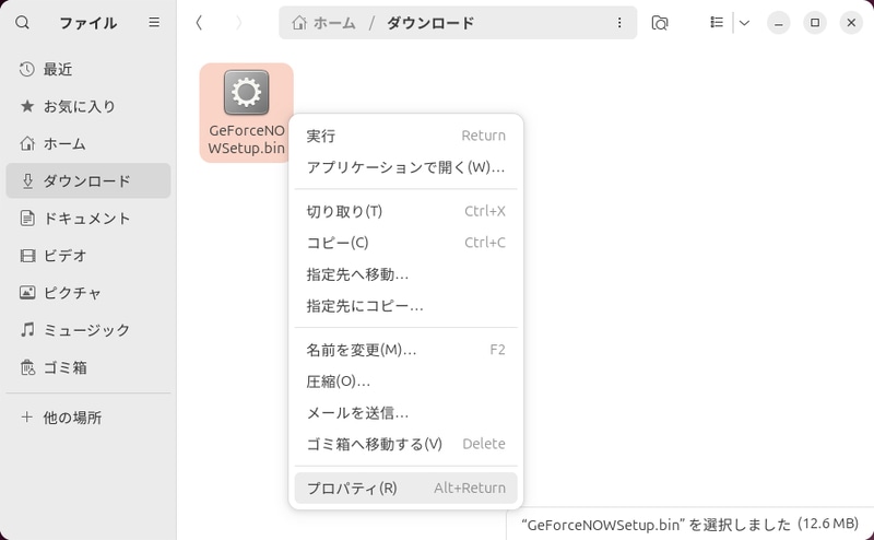 ダウンロードしたbinファイルを右クリックメニュー→「プロパティ」を選択