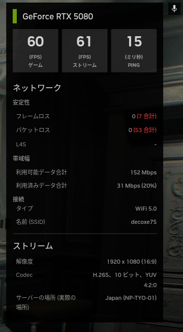 ゲームもストリーミングもほぼ60fpsで快適にプレイできた