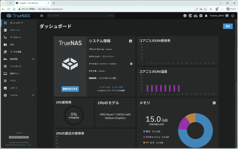 WebブラウザでTrueNASをインストールしたWTR PROに接続した時の画面。［ダッシュボード］ではCPUやメモリの使用率や温度などハードウェアの情報を一覧で確認できる