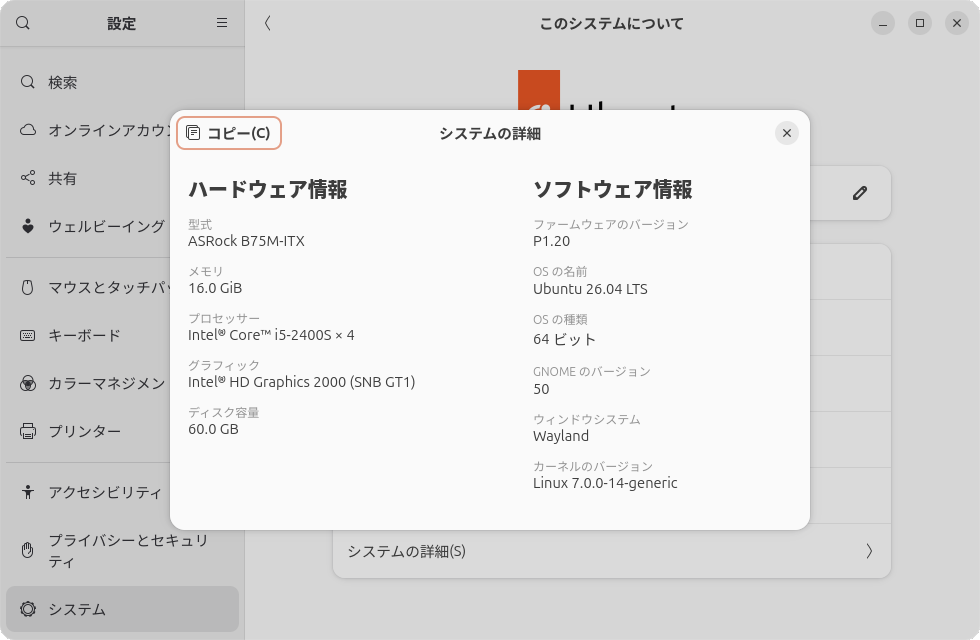 この構成で「システムの詳細」を開いたところ