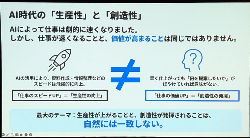 AIの進化により生産性は向上したが、その価値が高まることとはイコールではない点を指摘