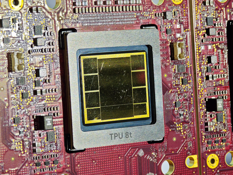 TPU 8t、メインのダイは1つで、ICIのダイが2つ、さらにHBMは6チャンネル搭載されていることが分かる