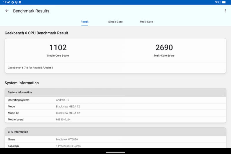 GeekBench 6(Single-core / Multi-core)。1,102 / 2,690