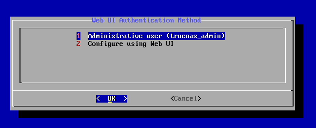 別のPCからWebブラウザ経由でアクセスする時に利用するアドミニストレーター(管理者)アカウントを設定する。特に変更は必要ないので［truenas_admin］のままで［OK］を選択してEnterキーを押す