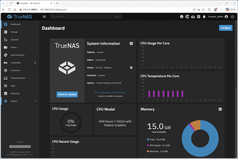 するとTrueNASの状態をまとめて表示する「ダッシュボード」が表示される。表示はすべて英語で、PCを使い慣れたユーザーならなんとなく意味は分かる。とはいえTrueNASは日本語対応なので、設定から日本語化していこう