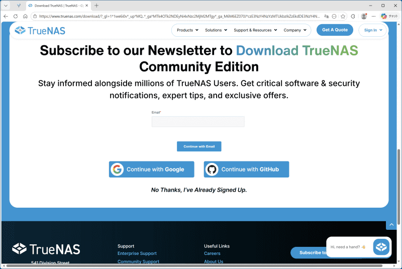 次のページでもスクロールして、［No Thanks,I've Already Signed Up.］というボタンをクリックする。この画面は簡単にいえばコミュニティサイトへの勧誘だが、ボタンの内容は「もう加入済みなのでダウンロードサイトに行きたいです」という意思表示だ