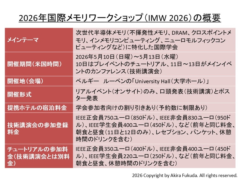 2026年国際メモリワークショップ(IMW 2026)の開催概要。<a href="https://ewh.ieee.org/soc/eds/imw/" class="n" target="_blank">公式Webサイト</a>から筆者がまとめたもの