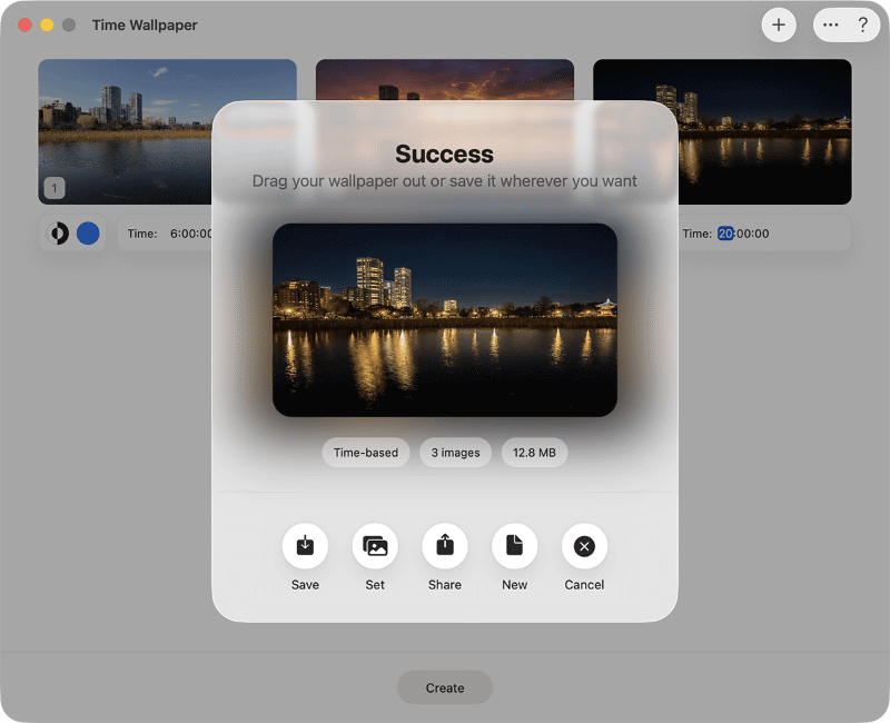 画面下部の[Create]をクリックしたあと、プレビュー画面で動作を確認し、[Set]をクリックします。[Save]でHEICファイルとして保存しておけば、あとから何度でも設定し直すことが可能です