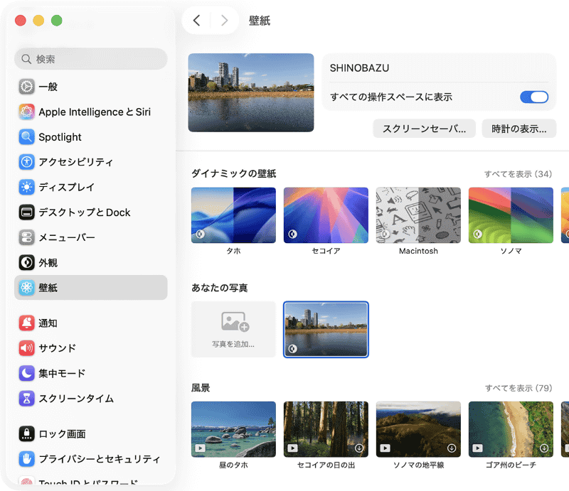 切り替わらない場合は、「システム設定」の[壁紙]で[あなたの写真]に追加されたダイナミック壁紙をクリックしましょう