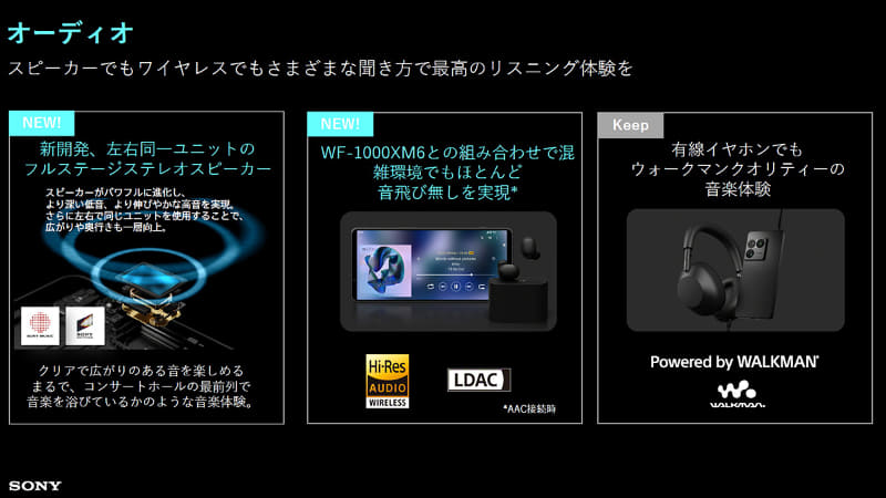 フルステージステレオスピーカーは左右同一ユニットとなり音質が向上。ソニーのワイヤレスイヤフォン「WF-1000XM6」利用時は、混雑環境でもほとんど音飛びが発生しない