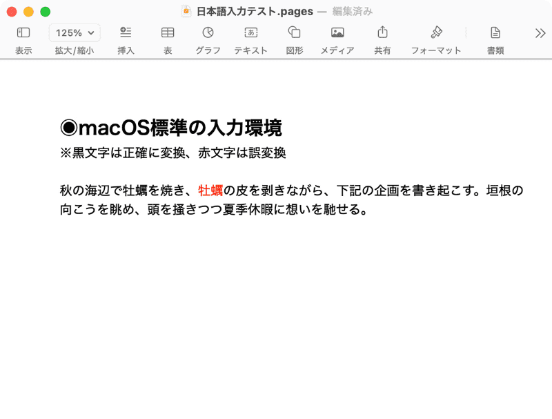 標準環境での結果です。「皮を剥く」という文脈では「柿」とならず「牡蠣」に。ちなみに、「果物の柿の皮を」と言葉を足して入力し直したところ、「柿」と正しく変換できました
