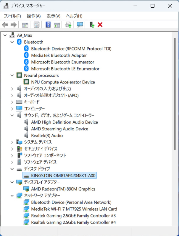デバイスマネージャー/主要なデバイス。2TB SSDは「KINGSTON OM8TAP42048K1-A00」。2.5GbEはRealtek Gaming 2.5GbE Family Controller 2基、Wi-FiはMediaTek Wi-Fi7 MT7925、BluetoothもMediaTek製